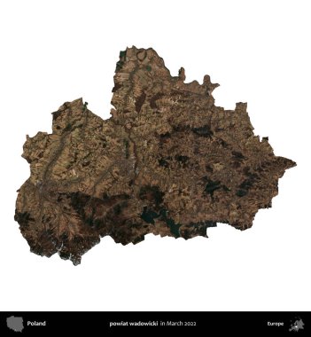 powiat wadowicki. Polonya idari bölgesi, Mart 2022 'de çekilen Kopernik Nöbetçi karolarından oluşan bir uydu görüntüsü üzerinde beyaza izole edildi.