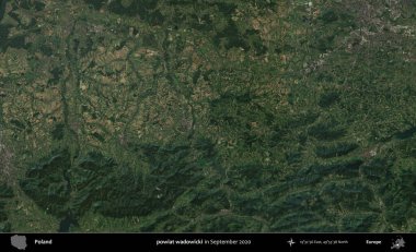 powiat wadowicki. Eylül 2020 'de Copernicus Sentinel karolarından oluşan bir uydu görüntüsü üzerine Polonya' nın idari bölgesi