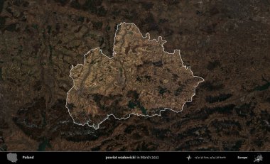 powiat wadowicki. Polonya 'nın idari alanı, Mart 2022' de çekilen Kopernik Nöbetçi karolarından oluşan koyu renkli bir uydu görüntüsü üzerine vurgulandı ve özetlendi.