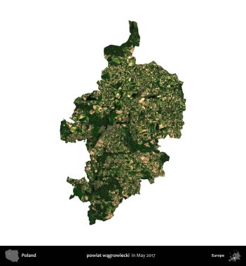 powiat wagrowiecki. Polonya idari bölgesi, Mayıs 2017 'de çekilen Kopernik Nöbetçi karolarından oluşan bir uydu görüntüsü üzerinde beyaza izole edildi.