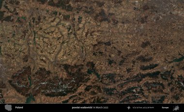 powiat wadowicki. Copernicus Sentinel 'in Mart 2022' de çekilmiş uydu görüntüsü üzerine Polonya 'nın idari bölgesi.