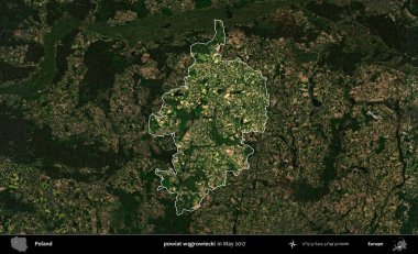 powiat wagrowiecki. Polonya 'nın idari alanı, Mayıs 2017' de çekilen Kopernik Nöbetçi karolarından oluşan koyu renkli bir uydu görüntüsü üzerinde vurgulandı ve özetlendi.