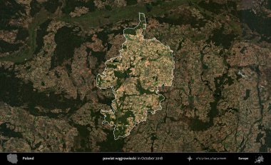 powiat wagrowiecki. Polonya 'nın idari alanı, Ekim 2018' de çekilen Kopernik Nöbetçi karolarından oluşan koyu renkli bir uydu görüntüsü üzerine vurgulandı ve özetlendi
