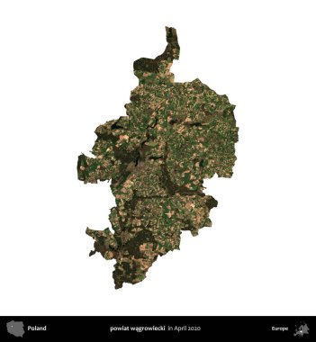 powiat wagrowiecki. Polonya idari bölgesi, Nisan 2020 'de çekilen Kopernik Nöbetçi karolarından oluşan bir uydu görüntüsü üzerinde beyaza izole edildi.