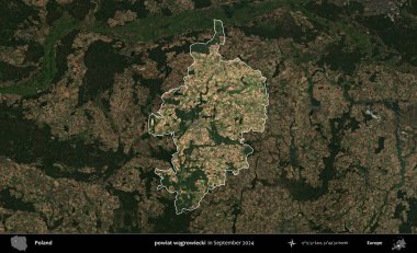 powiat wagrowiecki. Polonya 'nın idari alanı, Eylül 2024' te çekilen Kopernik Nöbetçi karolarından oluşan koyu renkli bir uydu görüntüsü üzerine vurgulandı ve özetlendi
