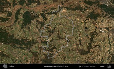 powiat wagrowiecki. Polonya 'nın idari bölgesinin ana hatları, Mart 2025' te çekilen Kopernik Nöbetçi karolarından oluşan bir uydu görüntüsü üzerine çizildi.