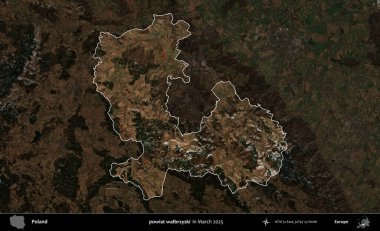 powiat walbrzyski. Polonya 'nın idari alanı, Mart 2025' te çekilen Kopernik Nöbetçi karolarından oluşan koyu renkli bir uydu görüntüsü üzerine vurgulandı ve özetlendi