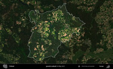 powiat walecki. Polonya 'nın idari alanı, Mayıs 2017' de çekilen Kopernik Nöbetçi karolarından oluşan koyu renkli bir uydu görüntüsü üzerinde vurgulandı ve özetlendi.