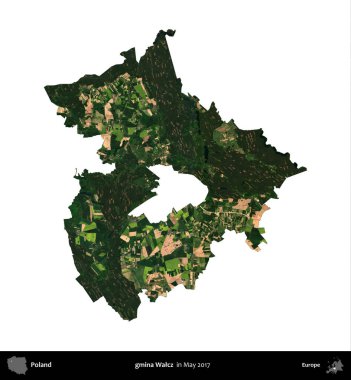 gmina Walcz. Polonya idari bölgesi, Mayıs 2017 'de çekilen Kopernik Nöbetçi karolarından oluşan bir uydu görüntüsü üzerinde beyaza izole edildi.