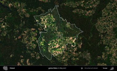gmina Walcz. Polonya 'nın idari alanı, Mayıs 2017' de çekilen Kopernik Nöbetçi karolarından oluşan koyu renkli bir uydu görüntüsü üzerinde vurgulandı ve özetlendi.