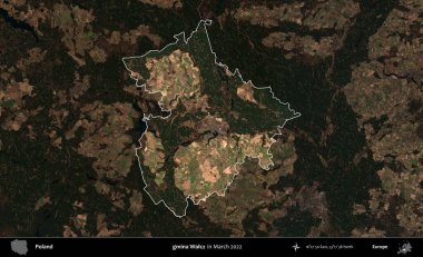 gmina Walcz. Polonya 'nın idari alanı, Mart 2022' de çekilen Kopernik Nöbetçi karolarından oluşan koyu renkli bir uydu görüntüsü üzerine vurgulandı ve özetlendi.