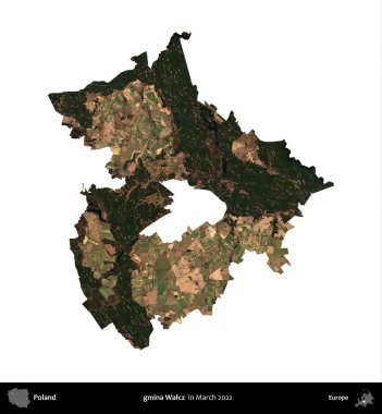 gmina Walcz. Polonya idari bölgesi, Mart 2022 'de çekilen Kopernik Nöbetçi karolarından oluşan bir uydu görüntüsü üzerinde beyaza izole edildi.