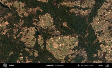 gmina Walcz. Copernicus Sentinel 'in Mart 2022' de çekilmiş uydu görüntüsü üzerine Polonya 'nın idari bölgesi.
