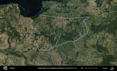 wojewodzz iki sıcak-mazurskie. Eylül 2021 'de çekilen Copernicus Sentinel karolarından oluşan bir uydu görüntüsü üzerine Polonya' nın idari bölgesinin ana hatlarını belirledik.