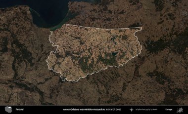wojewodzz iki sıcak-mazurskie. Polonya 'nın idari alanı, Mart 2022' de çekilen Kopernik Nöbetçi karolarından oluşan koyu renkli bir uydu görüntüsü üzerine vurgulandı ve özetlendi.
