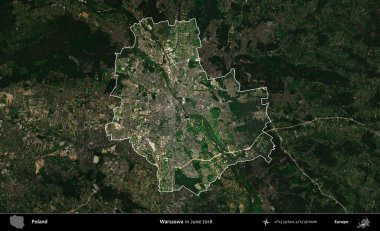 Warszawa 'da. Polonya 'nın idari alanı, Haziran 2018' de çekilen Kopernik Nöbetçi karolarından oluşan koyu renkli bir uydu görüntüsüyle vurgulandı ve özetlendi