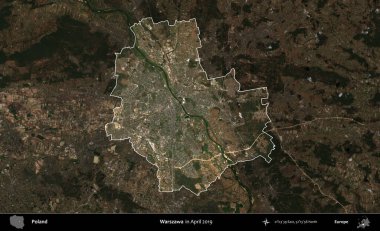 Warszawa 'da. Polonya 'nın idari alanı, Nisan 2019' da çekilen Kopernik Nöbetçi karolarından oluşan koyu renkli bir uydu görüntüsü üzerine vurgulandı ve özetlendi.