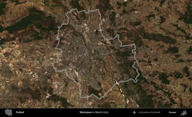 Warszawa 'da. Polonya 'nın idari bölgesinin ana hatları, Mart 2025' te çekilen Kopernik Nöbetçi karolarından oluşan bir uydu görüntüsü üzerine çizildi.