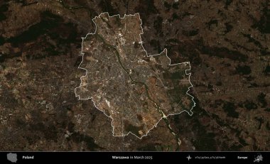 Warszawa 'da. Polonya 'nın idari alanı, Mart 2025' te çekilen Kopernik Nöbetçi karolarından oluşan koyu renkli bir uydu görüntüsü üzerine vurgulandı ve özetlendi