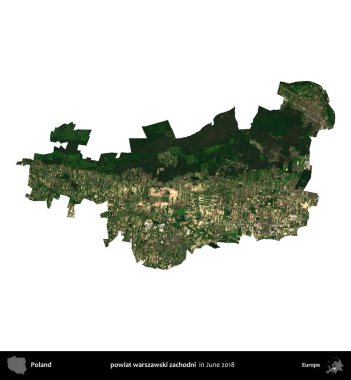 powiat warszawski zachodni. Polonya idari bölgesi, Haziran 2018 'de çekilen Kopernik Nöbetçi karolarından oluşan bir uydu görüntüsü üzerinde beyaza izole edildi.