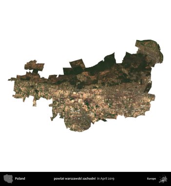powiat warszawski zachodni. Polonya idari bölgesi, Nisan 2019 'da çekilen Kopernik Nöbetçi karolarından oluşan bir uydu görüntüsü üzerinde beyaza izole edildi.