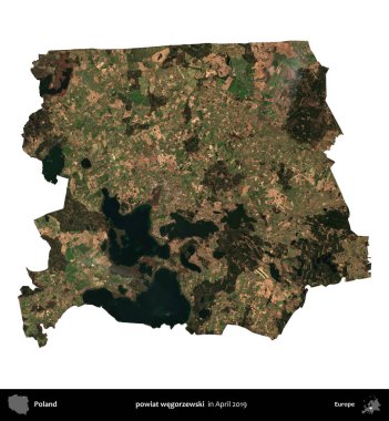 powiat wegorzewski. Polonya idari bölgesi, Nisan 2019 'da çekilen Kopernik Nöbetçi karolarından oluşan bir uydu görüntüsü üzerinde beyaza izole edildi.