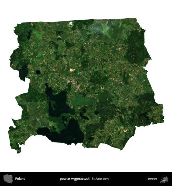 powiat wegorzewski. Polonya idari bölgesi, Haziran 2019 'da çekilen Kopernik Nöbetçi karolarından oluşan bir uydu görüntüsü üzerinde beyaza izole edildi.