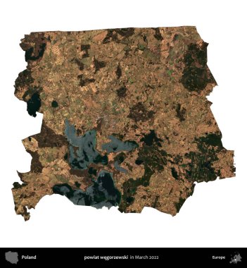 powiat wegorzewski. Polonya idari bölgesi, Mart 2022 'de çekilen Kopernik Nöbetçi karolarından oluşan bir uydu görüntüsü üzerinde beyaza izole edildi.