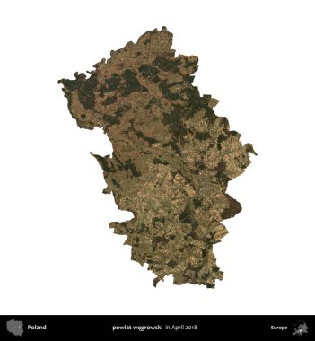 Powiat Wegroski. Polonya idari bölgesi, Nisan 2018 'de çekilen Kopernik Nöbetçi karolarından oluşan bir uydu görüntüsü üzerinde beyaza izole edildi.