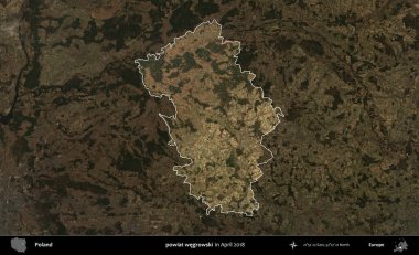 Powiat Wegroski. Polonya 'nın idari alanı, Nisan 2018' de çekilen Kopernik Nöbetçi karolarından oluşan koyu renkli bir uydu görüntüsü üzerine vurgulandı ve özetlendi