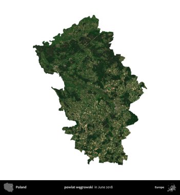 Powiat Wegroski. Polonya idari bölgesi, Haziran 2018 'de çekilen Kopernik Nöbetçi karolarından oluşan bir uydu görüntüsü üzerinde beyaza izole edildi.