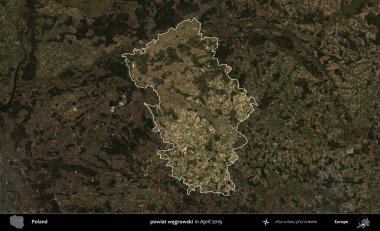 Powiat Wegroski. Polonya 'nın idari alanı, Nisan 2019' da çekilen Kopernik Nöbetçi karolarından oluşan koyu renkli bir uydu görüntüsü üzerine vurgulandı ve özetlendi.