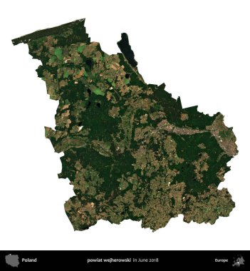 powiat wejherowski. Polonya idari bölgesi, Haziran 2018 'de çekilen Kopernik Nöbetçi karolarından oluşan bir uydu görüntüsü üzerinde beyaza izole edildi.