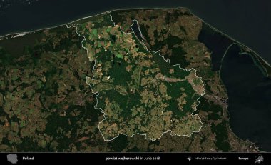 powiat wejherowski. Polonya 'nın idari alanı, Haziran 2018' de çekilen Kopernik Nöbetçi karolarından oluşan koyu renkli bir uydu görüntüsüyle vurgulandı ve özetlendi