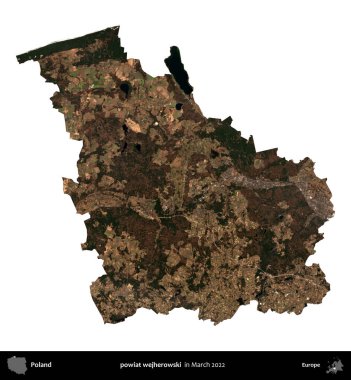 powiat wejherowski. Polonya idari bölgesi, Mart 2022 'de çekilen Kopernik Nöbetçi karolarından oluşan bir uydu görüntüsü üzerinde beyaza izole edildi.