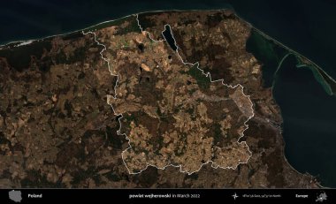 powiat wejherowski. Polonya 'nın idari alanı, Mart 2022' de çekilen Kopernik Nöbetçi karolarından oluşan koyu renkli bir uydu görüntüsü üzerine vurgulandı ve özetlendi.
