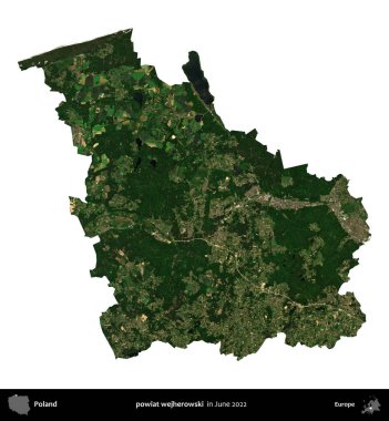 powiat wejherowski. Polonya idari bölgesi, Haziran 2022 'de çekilen Kopernik Nöbetçi karolarından oluşan bir uydu görüntüsü üzerinde beyaza izole edildi.