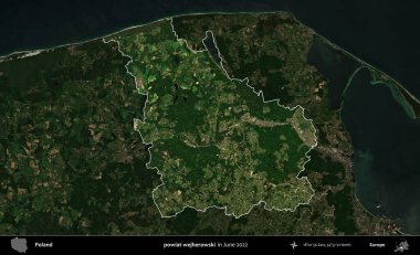powiat wejherowski. Polonya 'nın idari alanı, Haziran 2022' de çekilen Kopernik Nöbetçi karolarından oluşan koyu renkli bir uydu görüntüsü üzerine vurgulandı ve özetlendi.