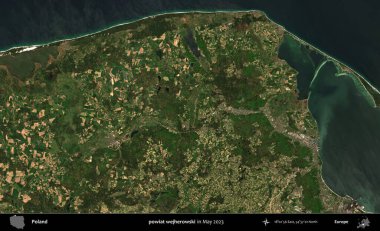 powiat wejherowski. Copernicus Sentinel 'in Mayıs 2023' te çekilmiş uydu görüntüsü üzerine Polonya 'nın idari bölgesi.