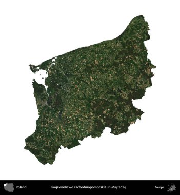 wojewodz2 zachodniopomorskie. Polonya 'nın idari bölgesi, Mayıs 2024' te çekilen Kopernik Nöbetçi Fayanslarından oluşan bir uydu görüntüsü üzerinde beyaza izole edildi.