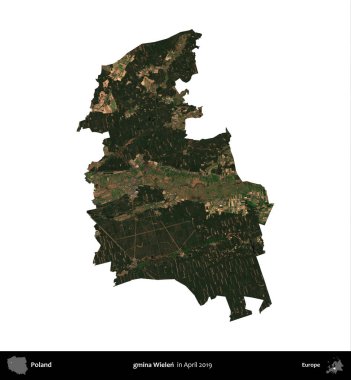 gmina Wielen. Polonya idari bölgesi, Nisan 2019 'da çekilen Kopernik Nöbetçi karolarından oluşan bir uydu görüntüsü üzerinde beyaza izole edildi.