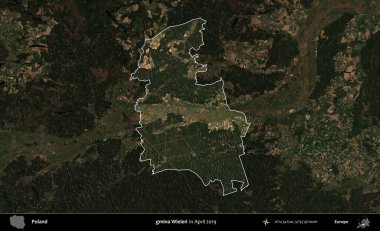 gmina Wielen. Polonya 'nın idari alanı, Nisan 2019' da çekilen Kopernik Nöbetçi karolarından oluşan koyu renkli bir uydu görüntüsü üzerine vurgulandı ve özetlendi.