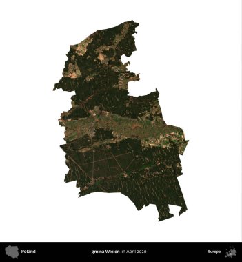 gmina Wielen. Polonya idari bölgesi, Nisan 2020 'de çekilen Kopernik Nöbetçi karolarından oluşan bir uydu görüntüsü üzerinde beyaza izole edildi.