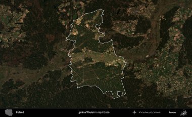 gmina Wielen. Polonya 'nın idari alanı, Nisan 2020' de çekilen Kopernik Nöbetçi karolarından oluşan koyu renkli bir uydu görüntüsü üzerine vurgulandı ve özetlendi