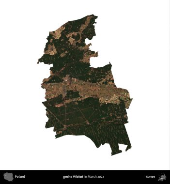 gmina Wielen. Polonya idari bölgesi, Mart 2022 'de çekilen Kopernik Nöbetçi karolarından oluşan bir uydu görüntüsü üzerinde beyaza izole edildi.