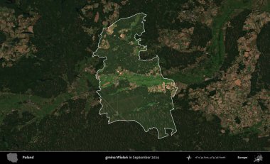gmina Wielen. Polonya 'nın idari alanı, Eylül 2024' te çekilen Kopernik Nöbetçi karolarından oluşan koyu renkli bir uydu görüntüsü üzerine vurgulandı ve özetlendi