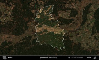 gmina Wielen. Polonya 'nın idari alanı, Mart 2025' te çekilen Kopernik Nöbetçi karolarından oluşan koyu renkli bir uydu görüntüsü üzerine vurgulandı ve özetlendi