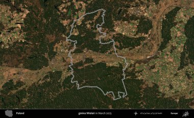 gmina Wielen. Polonya 'nın idari bölgesinin ana hatları, Mart 2025' te çekilen Kopernik Nöbetçi karolarından oluşan bir uydu görüntüsü üzerine çizildi.