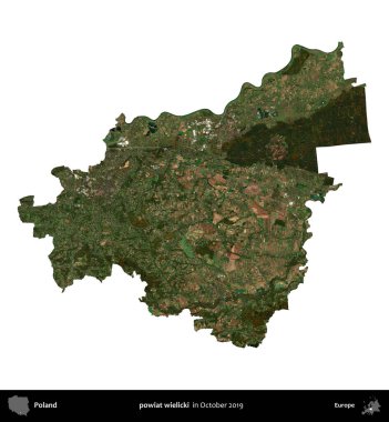 powiat wielicki. Polonya idari bölgesi, Ekim 2019 'da çekilen Kopernik Nöbetçi karolarından oluşan bir uydu görüntüsü üzerinde beyaza izole edildi.