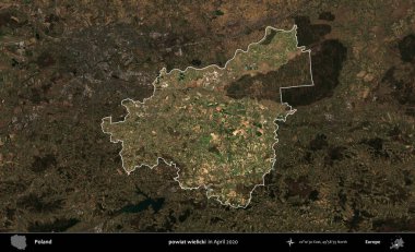 powiat wielicki. Polonya 'nın idari alanı, Nisan 2020' de çekilen Kopernik Nöbetçi karolarından oluşan koyu renkli bir uydu görüntüsü üzerine vurgulandı ve özetlendi